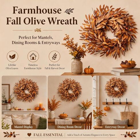 Fall Wreath for Front Door, 24 Inch Artificial Olive Wreath | Olive Branches & Berries, Rustic Farmhouse Autumn Decor for Indoor Outdoor Porch Entryway in Saudi Arabia