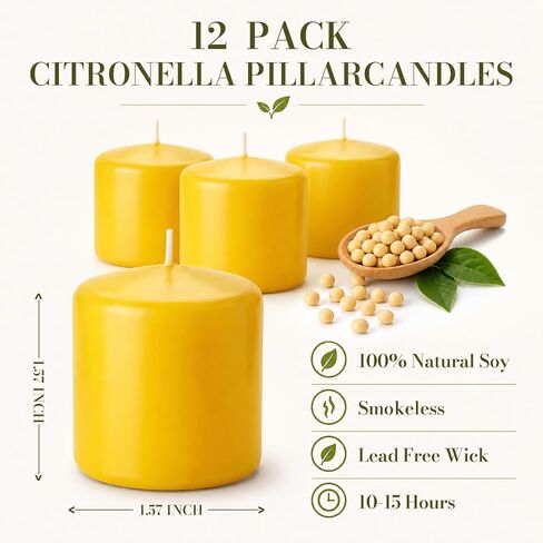 12 Pack Yellow Citronella Pillar Candles Outdoor & Intdoor,Lemongrass Scented Pillar Candles,Smokeless Dripless Citronella Candle Set for Patio Home Garden Weddings Pool Party in Summer in Saudi Arabia