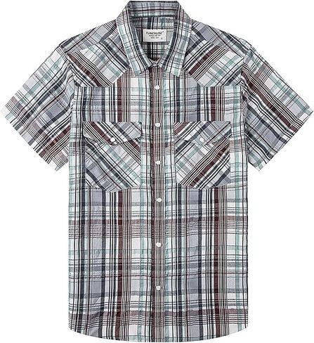 TUNEVUSE Men's Western Shirts Short Sleeve Pearl Snap 100% Cotton Plaid Cowboy Shirt Vintage Summer Casual Button Down Shirt in Saudi Arabia