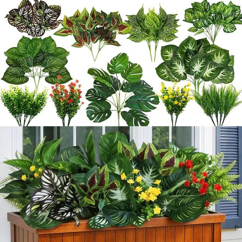 25 Bundles Outdoor Artificial Plants and Flowers Greenery Stems UV Resistant Fake Stems Plastic Leaves for Front Porch Home Decor Garden Porch Planter Window Box in Saudi Arabia