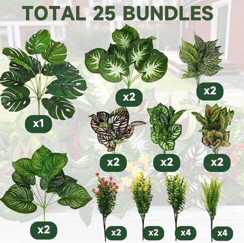 25 Bundles Outdoor Artificial Plants and Flowers Greenery Stems UV Resistant Fake Stems Plastic Leaves for Front Porch Home Decor Garden Porch Planter Window Box in Saudi Arabia