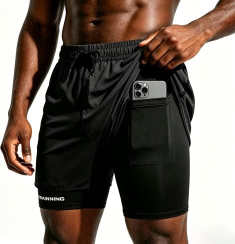 Mens Workout Athletic Shorts Quick Dry 2-in-1 Gym Workout Running Sport Shorts for Men with Towel Loop and Phone Pockets in Kuwait