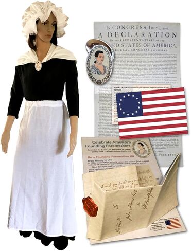 Colonial Costume Women Accessories, 1776 Revolutionary War, Deluxe Keepsake Set with Mob Cap, Apron, Shawl, Abigail Button, Abigail Adams Letter, Declaration Broadside & Apple Pan Dowdy Recipe in Saudi Arabia