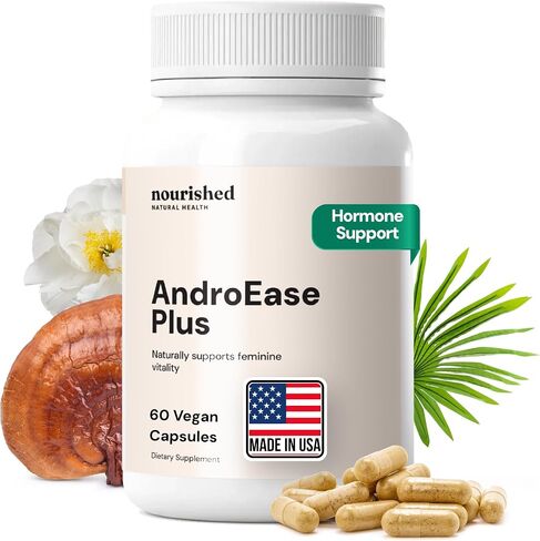 Nourished AndroEase Plus - Vegan Hormone Balance for Women - Zinc, Reishi, Green Tea and Saw Palmetto for Women - for Energy, Vitality, Facial Hair and Daily Wellness - 60 Capsules, Made in USA in Saudi Arabia