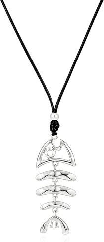Gold Plated Chunky Pendant Long Necklace For Women, 3 Pendant Styles - Fish Bone, Crescent & Heart, Adjustable Length Wax Cord Sweater Chain Fashion Jewelry Gifts in Kuwait
