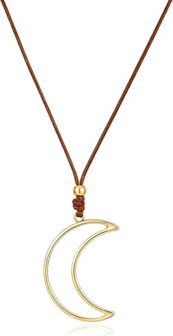 Gold Plated Chunky Pendant Long Necklace For Women, 3 Pendant Styles - Fish Bone, Crescent & Heart, Adjustable Length Wax Cord Sweater Chain Fashion Jewelry Gifts in Kuwait