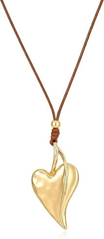 Gold Plated Chunky Pendant Long Necklace For Women, 3 Pendant Styles - Fish Bone, Crescent & Heart, Adjustable Length Wax Cord Sweater Chain Fashion Jewelry Gifts in Kuwait
