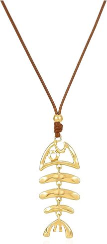 Gold Plated Chunky Pendant Long Necklace For Women, 3 Pendant Styles - Fish Bone, Crescent & Heart, Adjustable Length Wax Cord Sweater Chain Fashion Jewelry Gifts in Kuwait