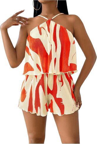 Milumia Women's Color Block Sleeveless Romper Textured Summer Vacation Short Jumpsuits in Kuwait