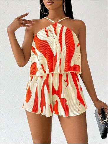 Milumia Women's Color Block Sleeveless Romper Textured Summer Vacation Short Jumpsuits in Kuwait