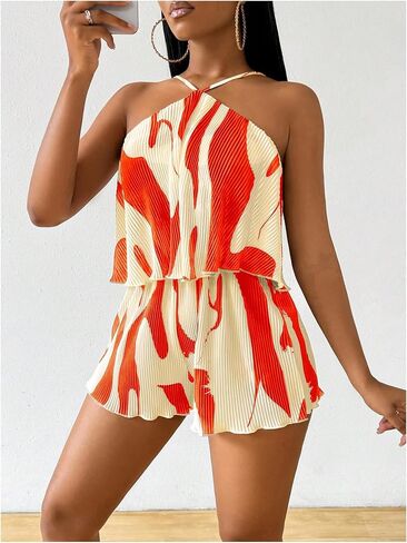 Milumia Women's Color Block Sleeveless Romper Textured Summer Vacation Short Jumpsuits in Kuwait