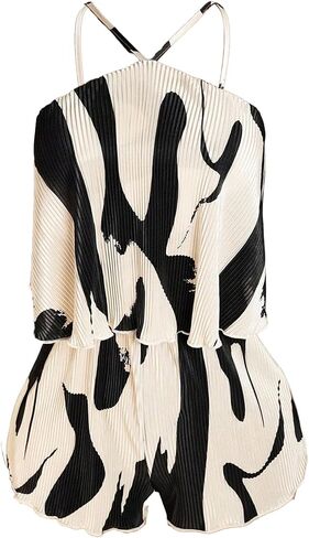 Milumia Women's Color Block Sleeveless Romper Textured Summer Vacation Short Jumpsuits in Kuwait