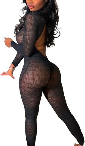 Sexy Jumpsuits for Women Sheer Mesh Long Sleeve Mock Neck Backless Jumpsuit Bodycon Sexy Clubwear in Saudi Arabia