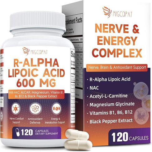 Migcopat R-Alpha Lipoic Acid 600mg, Neuropathy Supplements with ALCAR, NAC, Magnesium, Active B-Vitamins | Antioxidant for Energy & Nervous System Support, Non-GMO, Gluten Free, Vegan, 120 Capsules in Saudi Arabia