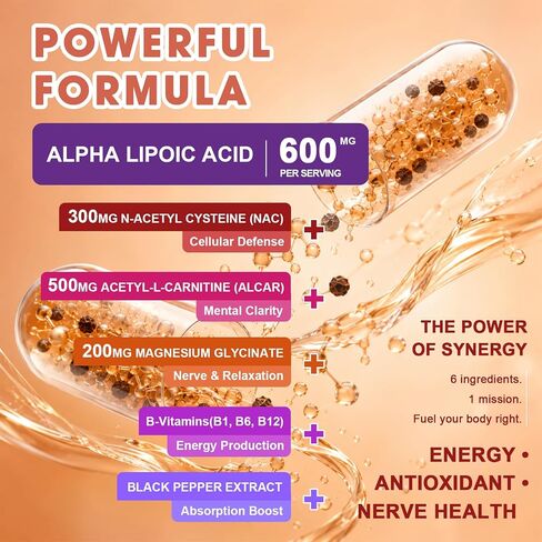 Migcopat R-Alpha Lipoic Acid 600mg, Neuropathy Supplements with ALCAR, NAC, Magnesium, Active B-Vitamins | Antioxidant for Energy & Nervous System Support, Non-GMO, Gluten Free, Vegan, 120 Capsules in Saudi Arabia
