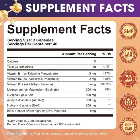 Migcopat R-Alpha Lipoic Acid 600mg, Neuropathy Supplements with ALCAR, NAC, Magnesium, Active B-Vitamins | Antioxidant for Energy & Nervous System Support, Non-GMO, Gluten Free, Vegan, 120 Capsules in Saudi Arabia