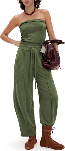 Womens Sleeveless Strapless Summer Jumpsuits Off Shoulder Drawstring One Piece Jumper Romper Outfits with Pockets in Saudi Arabia