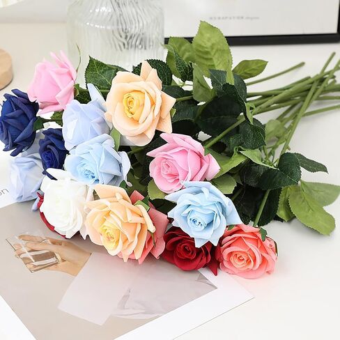 Artificial Flower Roses, 12PCS Real Touch Fake Flowers with Stems, 15" Flannel Roses for Christmas Home Wedding Bathroom Kitchen Decorations(Mix Color) in Saudi Arabia