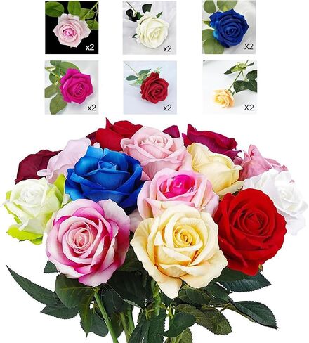 Artificial Flower Roses, 12PCS Real Touch Fake Flowers with Stems, 15" Flannel Roses for Christmas Home Wedding Bathroom Kitchen Decorations(Mix Color) in Saudi Arabia