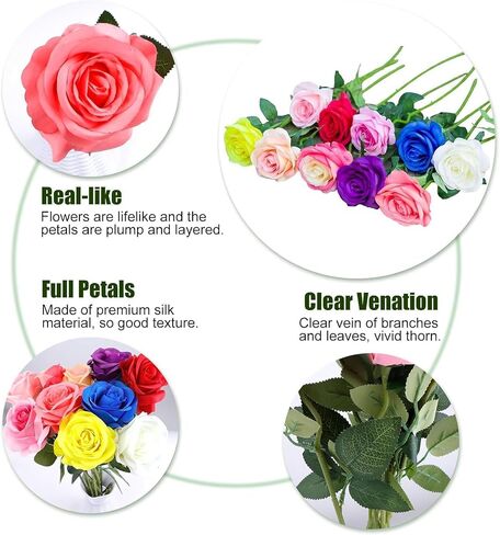 Artificial Flower Roses, 12PCS Real Touch Fake Flowers with Stems, 15" Flannel Roses for Christmas Home Wedding Bathroom Kitchen Decorations(Mix Color) in Saudi Arabia