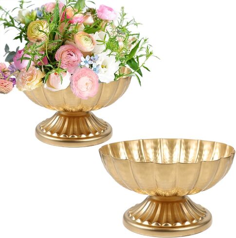 Vindar Gold Compote Bowl Vase for Centerpieces, Set of 2 Elegant Pedestal Vase for Wedding, Dining & Home Decor, Sturdy Metal Flower Arrangement Vase for Indoor Dry Displays(Gold, 7 inch) in Saudi Arabia
