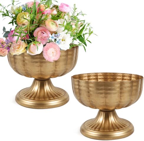 Vindar Gold Compote Bowl Vase for Centerpieces, Set of 2 Elegant Pedestal Vase for Wedding, Dining & Home Decor, Sturdy Metal Flower Arrangement Vase for Indoor Dry Displays(Gold, 7 inch) in Kuwait