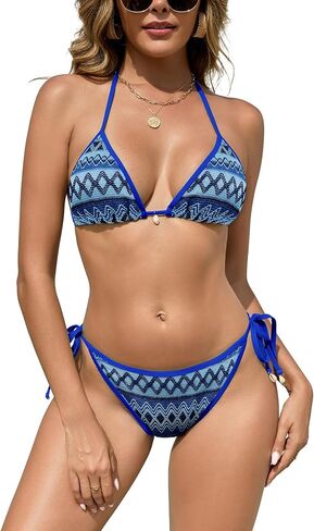 SHEKINI Women's Colorblock Stripes Triangle Halter Tied Sexy Thong Bikini Set High Cut Two Piece Bathing Suit in Kuwait