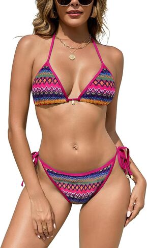 SHEKINI Women's Colorblock Stripes Triangle Halter Tied Sexy Thong Bikini Set High Cut Two Piece Bathing Suit in Kuwait