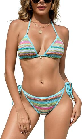 SHEKINI Women's Colorblock Stripes Triangle Halter Tied Sexy Thong Bikini Set High Cut Two Piece Bathing Suit in Kuwait