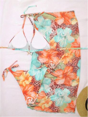 Verdusa Women's Plus Size 3 Piece Boho Floral Triangle Bikini Sets Leopard Halter Swimsuits with Cover Up Skirt in Kuwait