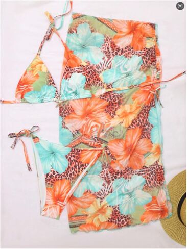 Verdusa Women's Plus Size 3 Piece Boho Floral Triangle Bikini Sets Leopard Halter Swimsuits with Cover Up Skirt in Kuwait