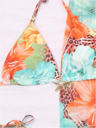 Verdusa Women's Plus Size 3 Piece Boho Floral Triangle Bikini Sets Leopard Halter Swimsuits with Cover Up Skirt in Kuwait