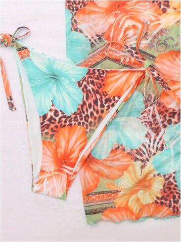 Verdusa Women's Plus Size 3 Piece Boho Floral Triangle Bikini Sets Leopard Halter Swimsuits with Cover Up Skirt in Kuwait