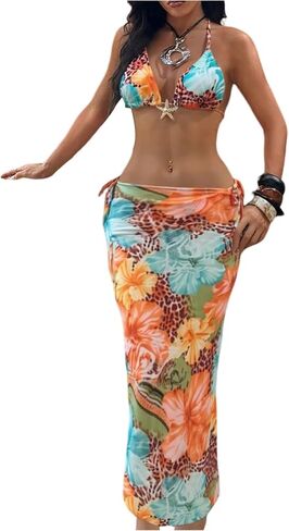 Verdusa Women's Plus Size 3 Piece Boho Floral Triangle Bikini Sets Leopard Halter Swimsuits with Cover Up Skirt in Kuwait