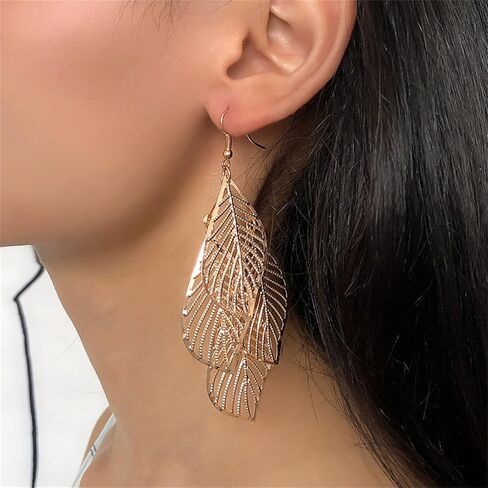 MALOYANVE Bohemian Filigree Leaf Earrings for Women Unique Handmade 14K Gold Plated Leaf Drop Earrings Lightweight Hyopallergenic Leaf Chandelier Dangle Earrings Jewelry Gift in Kuwait