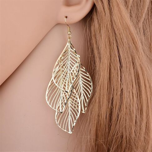 MALOYANVE Bohemian Filigree Leaf Earrings for Women Unique Handmade 14K Gold Plated Leaf Drop Earrings Lightweight Hyopallergenic Leaf Chandelier Dangle Earrings Jewelry Gift in Kuwait