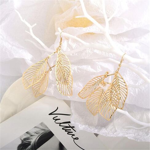 MALOYANVE Bohemian Filigree Leaf Earrings for Women Unique Handmade 14K Gold Plated Leaf Drop Earrings Lightweight Hyopallergenic Leaf Chandelier Dangle Earrings Jewelry Gift in Kuwait