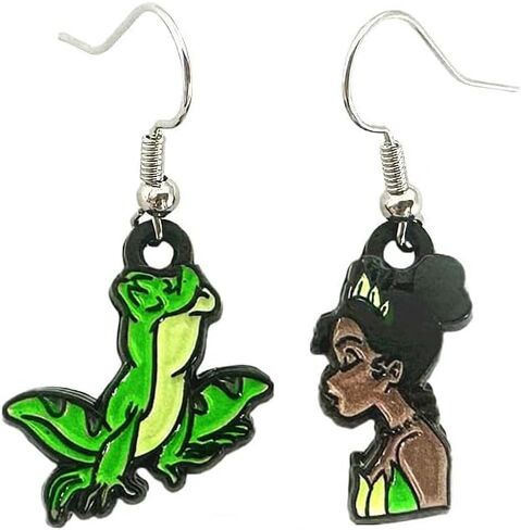 Cute Princess Character Dangle Earrings, Frog Green and Brown, Cartoon Design (Green) in Saudi Arabia