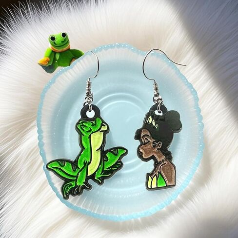 Cute Princess Character Dangle Earrings, Frog Green and Brown, Cartoon Design (Green) in Saudi Arabia