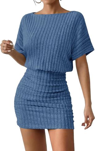 AUXDIO Women Summer Casual Dress 2026 Short Sleeve Sexy Ribbed Knit Party Club Mini Dress in Saudi Arabia