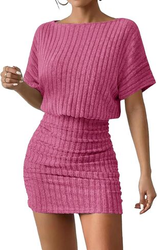 AUXDIO Women Summer Casual Dress 2026 Short Sleeve Sexy Ribbed Knit Party Club Mini Dress in Saudi Arabia