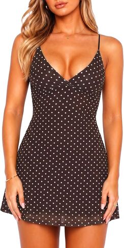 HAWILAND Women Polka Dot A Line Mesh Mini Dress V Neck Sleeveless Short Spaghetti Strap Cami Dress in Saudi Arabia