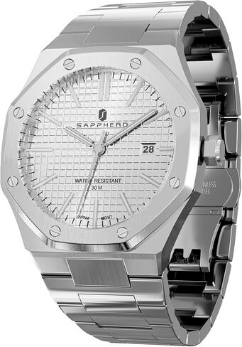 SAPPHERO Watches Men Octagonal Stainless Steel Waterproof Analog Japanese Quartz Wrist Watch Date Classic Business Luxury Watches for Men Elegant Gifts in Saudi Arabia