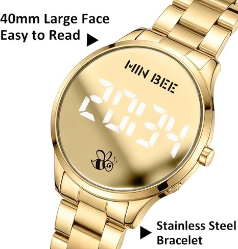 Unisex 40mm Minimalist Digital Watch, Large LED Display 12/24H Format, Stainless Steel Band, 30m Water Resistant, Tool-Free Adjustable for Daily Wear in Kuwait