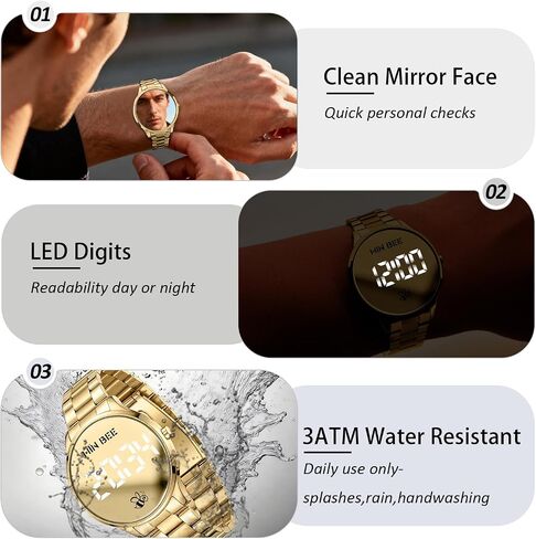 Unisex 40mm Minimalist Digital Watch, Large LED Display 12/24H Format, Stainless Steel Band, 30m Water Resistant, Tool-Free Adjustable for Daily Wear in Kuwait