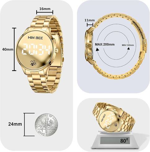 Unisex 40mm Minimalist Digital Watch, Large LED Display 12/24H Format, Stainless Steel Band, 30m Water Resistant, Tool-Free Adjustable for Daily Wear in Kuwait