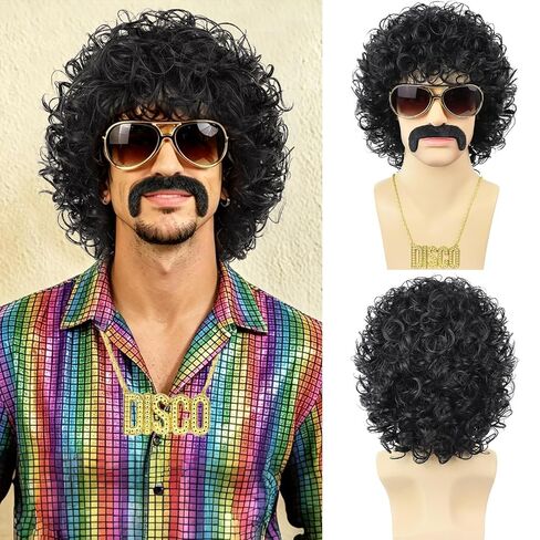 Men’s Afro Curly Wig for 70s Disco Party 5Pcs Set (Wig+ Glasses+ Necklace+ Mustache+ Wig Cap) 70s Outfits for Costume Cosplay Halloween Party (Brown, 5Pcs Set) in Saudi Arabia