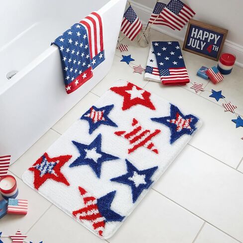 Moutina 3D Red White Blue Stars Bathroom Rugs 17x29 Inch, Soft and Absorbent Tufted 4th of July Rug Non Slip Washable, Patriotic Bathroom Decor Bath Mat Holiday Decorations in Kuwait
