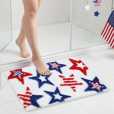 Moutina 3D Red White Blue Stars Bathroom Rugs 17x29 Inch, Soft and Absorbent Tufted 4th of July Rug Non Slip Washable, Patriotic Bathroom Decor Bath Mat Holiday Decorations in Kuwait