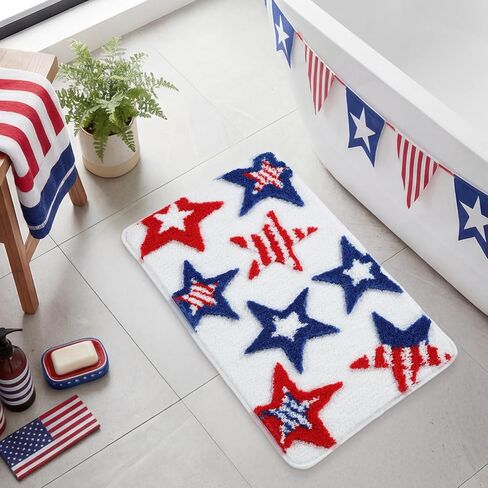 Moutina 3D Red White Blue Stars Bathroom Rugs 17x29 Inch, Soft and Absorbent Tufted 4th of July Rug Non Slip Washable, Patriotic Bathroom Decor Bath Mat Holiday Decorations in Kuwait